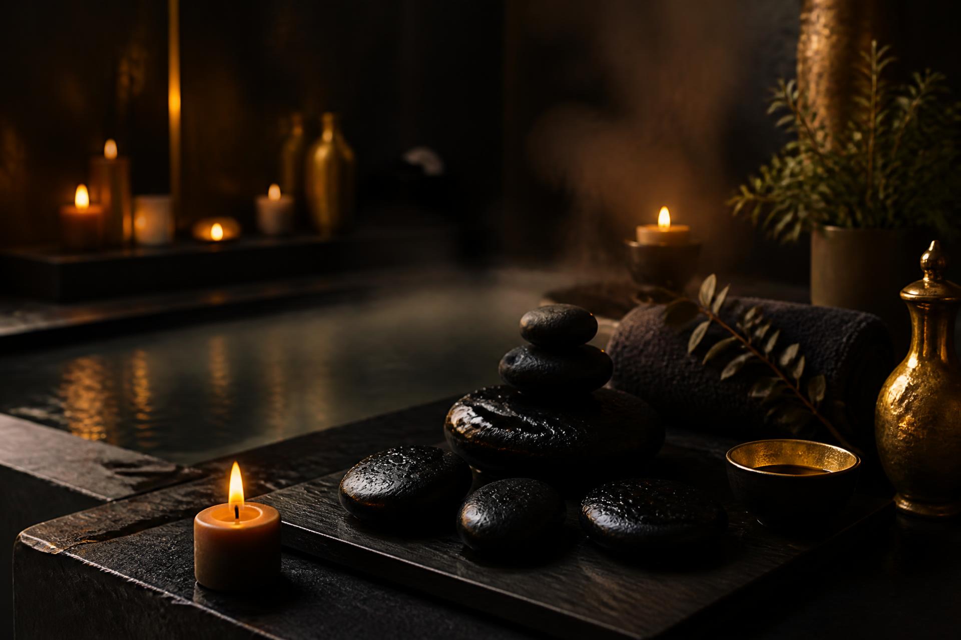 Warm candlelight and smooth basalt massage stones in the Dana Body Treat studio