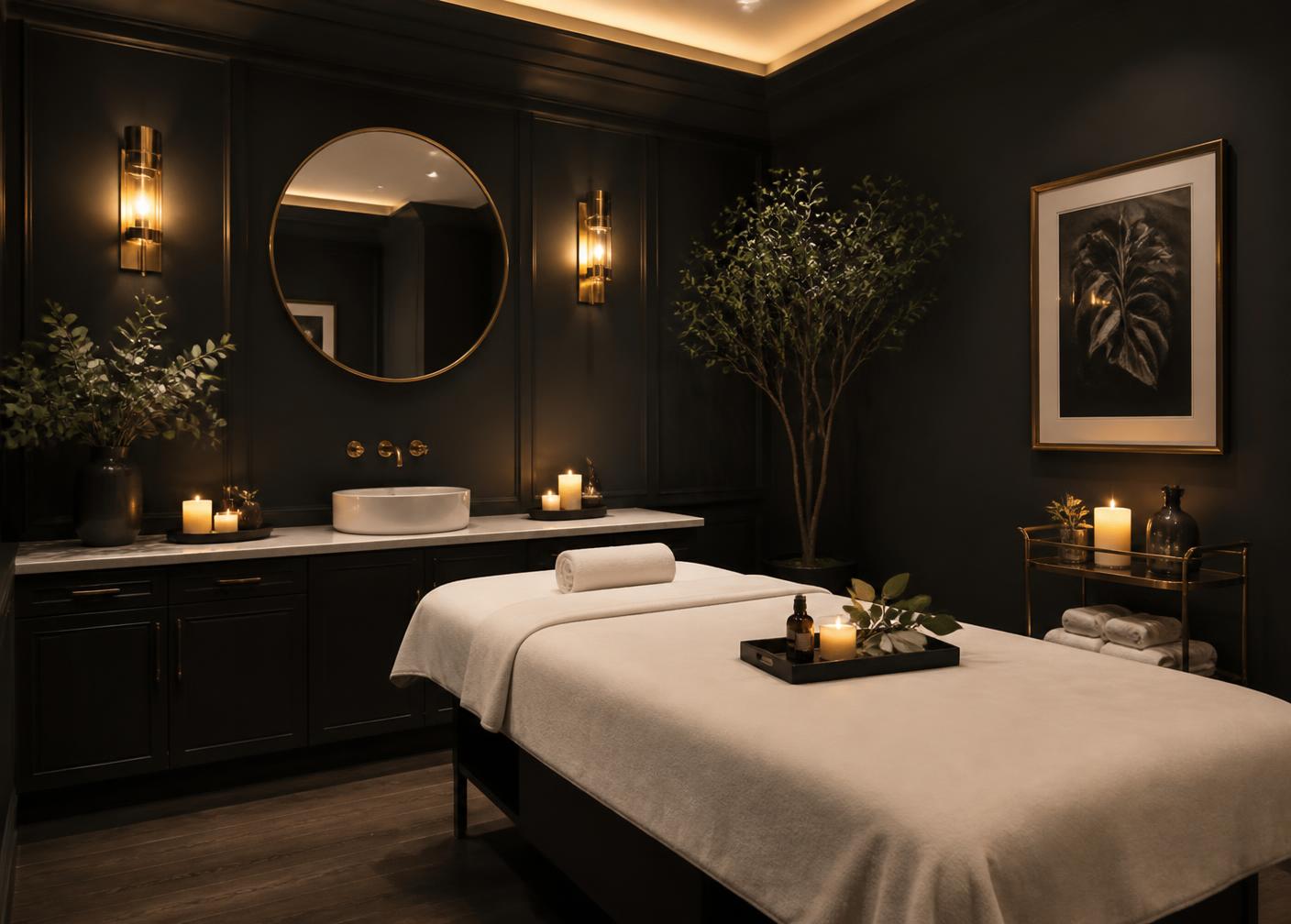 Dark, candlelit treatment room with a linen-draped massage table