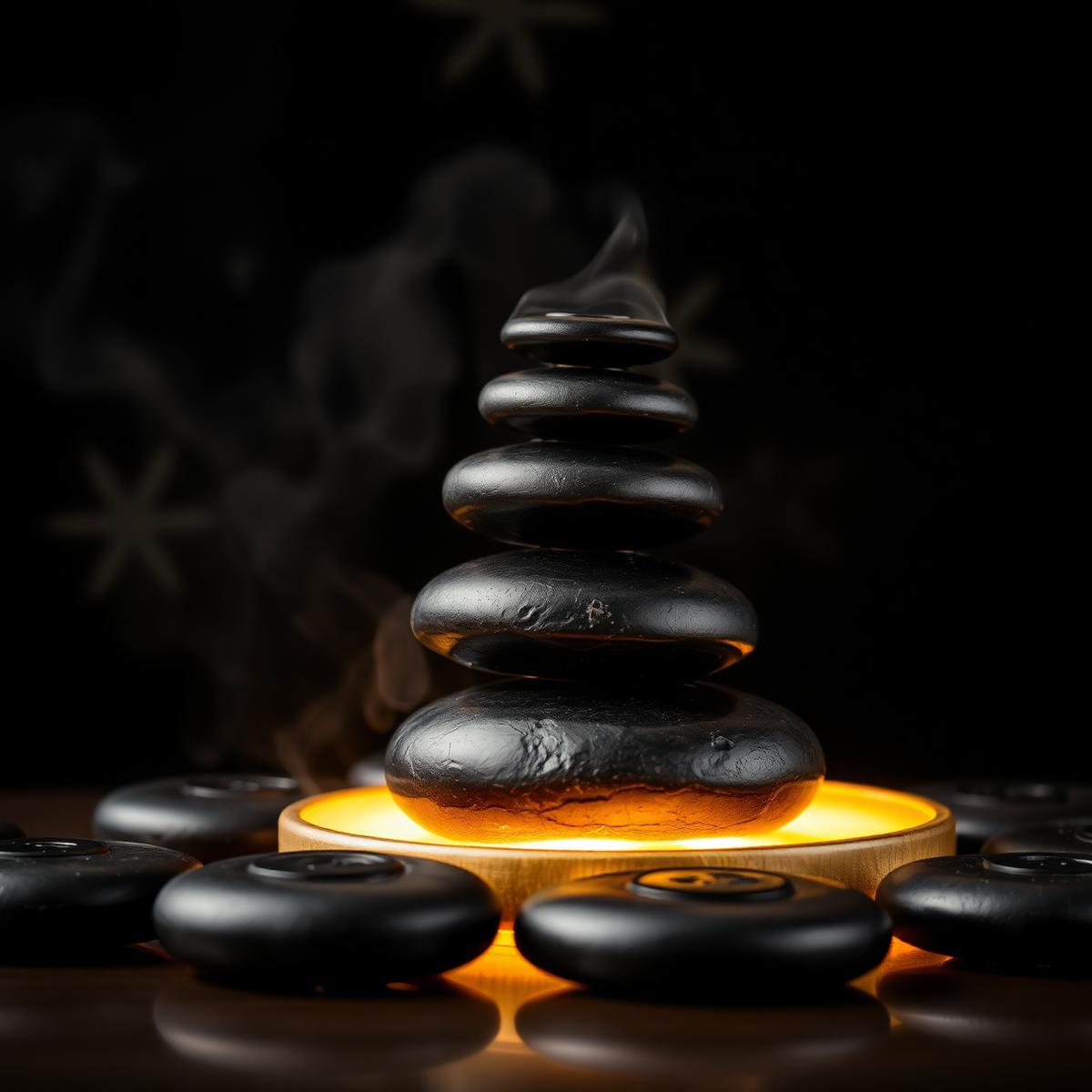 Stacked basalt hot stones under warm light